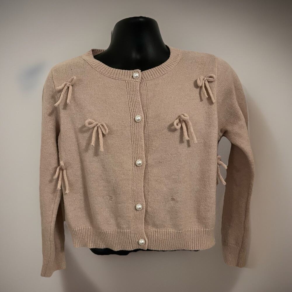 Women Ballet Pink Bow Pearl Knit Cardigan Sweater Crew Neck Cottagecore Coquette